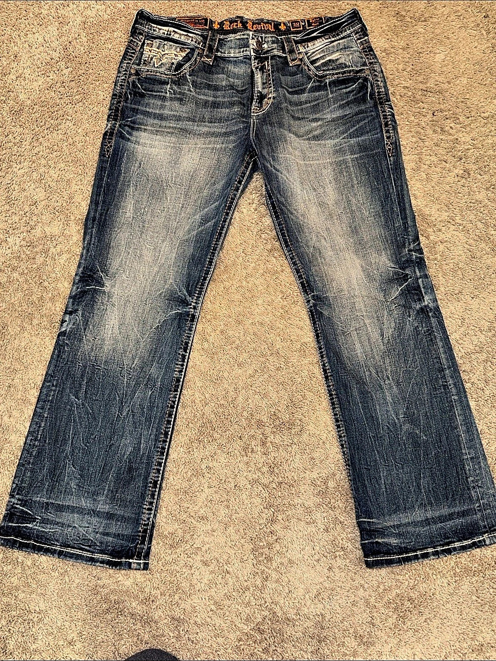 Men’s Rock Revival Ryker Boot Cut Jeans in Blue Waist 38